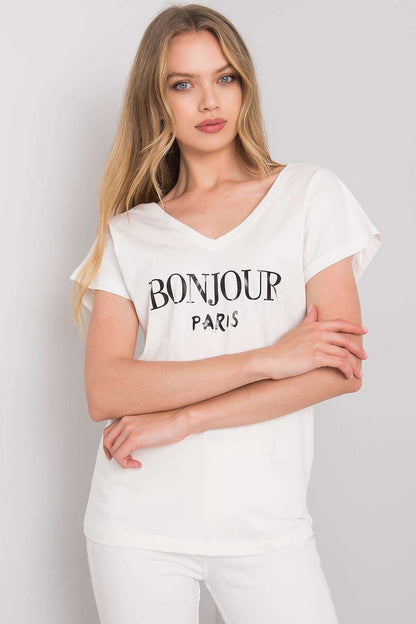 Luxury Cotton T-Shirt with Heart-Shaped Neckline and Decorative Inscription - Available in EU Size 0, featuring a white base with 'BONJOUR PARIS' script, elegantly modeled.