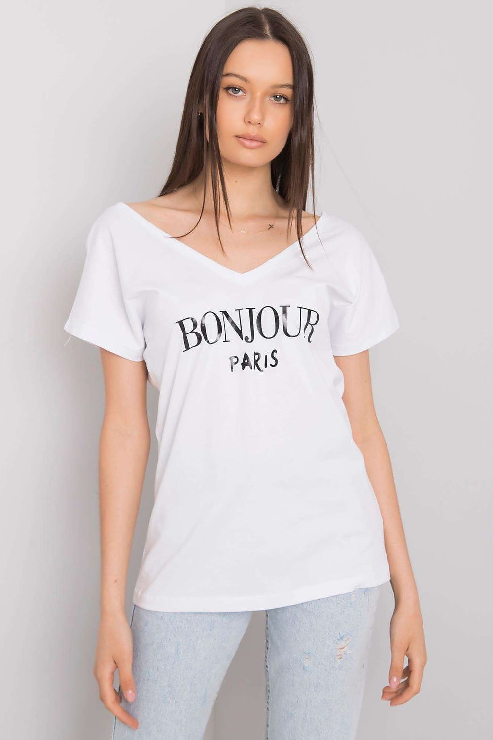 Luxury Cotton T-Shirt with Heart-Shaped Neckline and Decorative Inscription - Available in EU Size 0, displayed front-on by a model wearing it with an elegant and chic design, highlighting the inscription 'BONJOUR'.