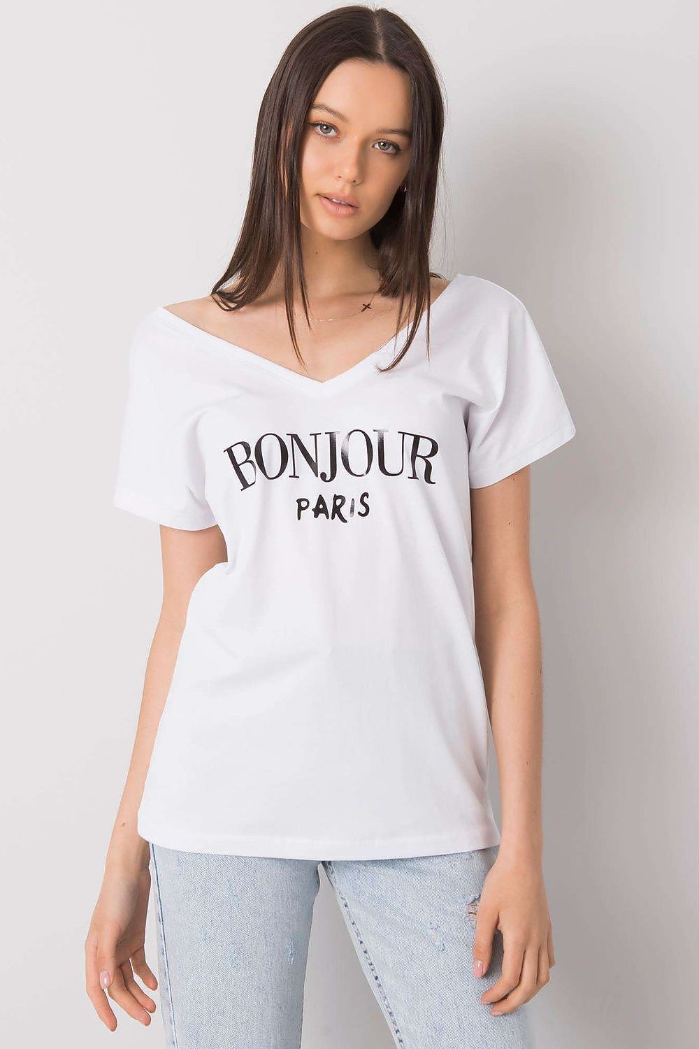 Luxury Cotton T-Shirt with Heart-Shaped Neckline and Decorative Inscription - Available in EU Size 0, model presenting the shirt at a slight angle, showcasing the V-neckline and stylish inscription.