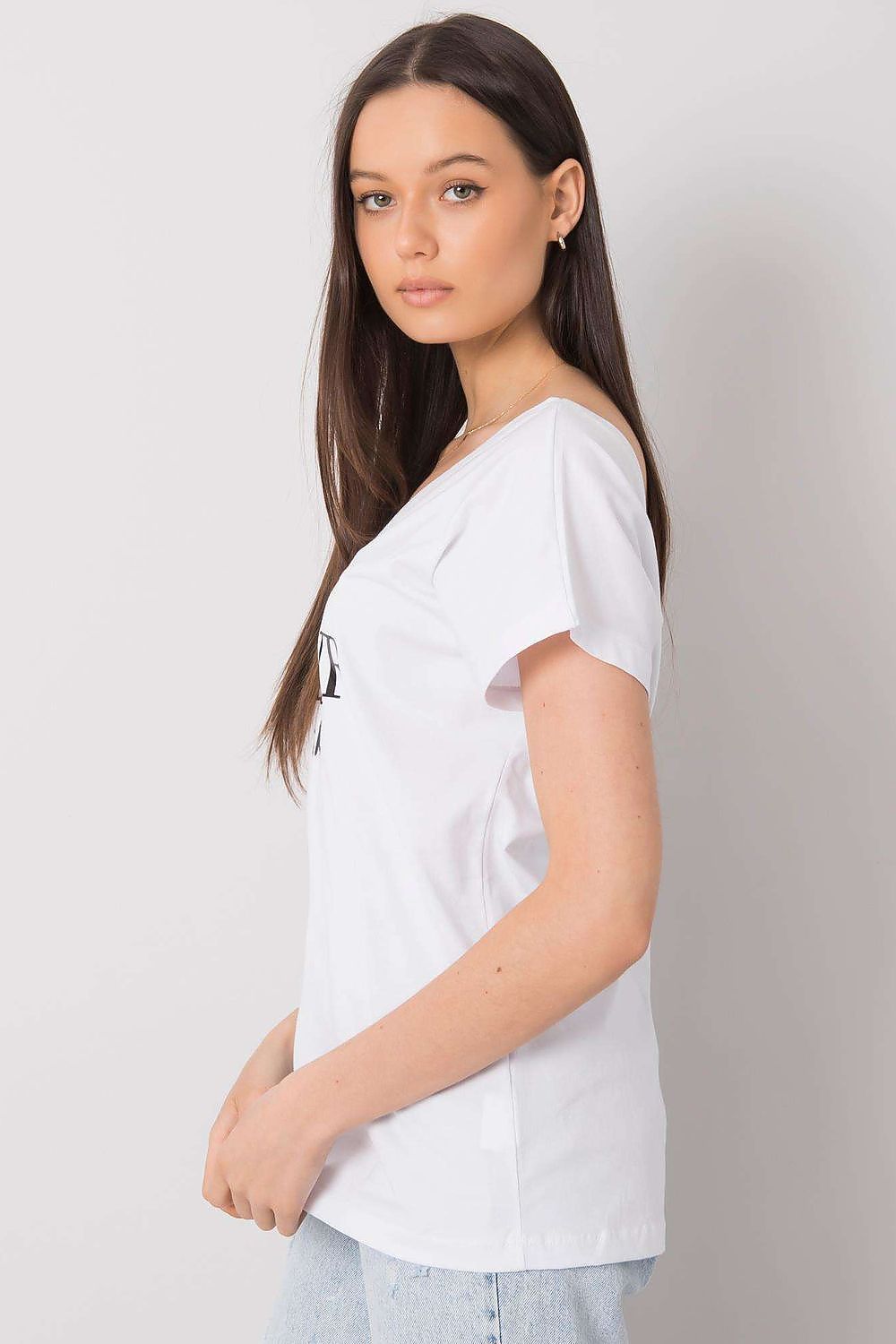 Luxury Cotton T-Shirt with Heart-Shaped Neckline and Decorative Inscription - Available in EU Size 0, featuring a model styled in a side pose, emphasizing the unique neckline and chic aesthetic.