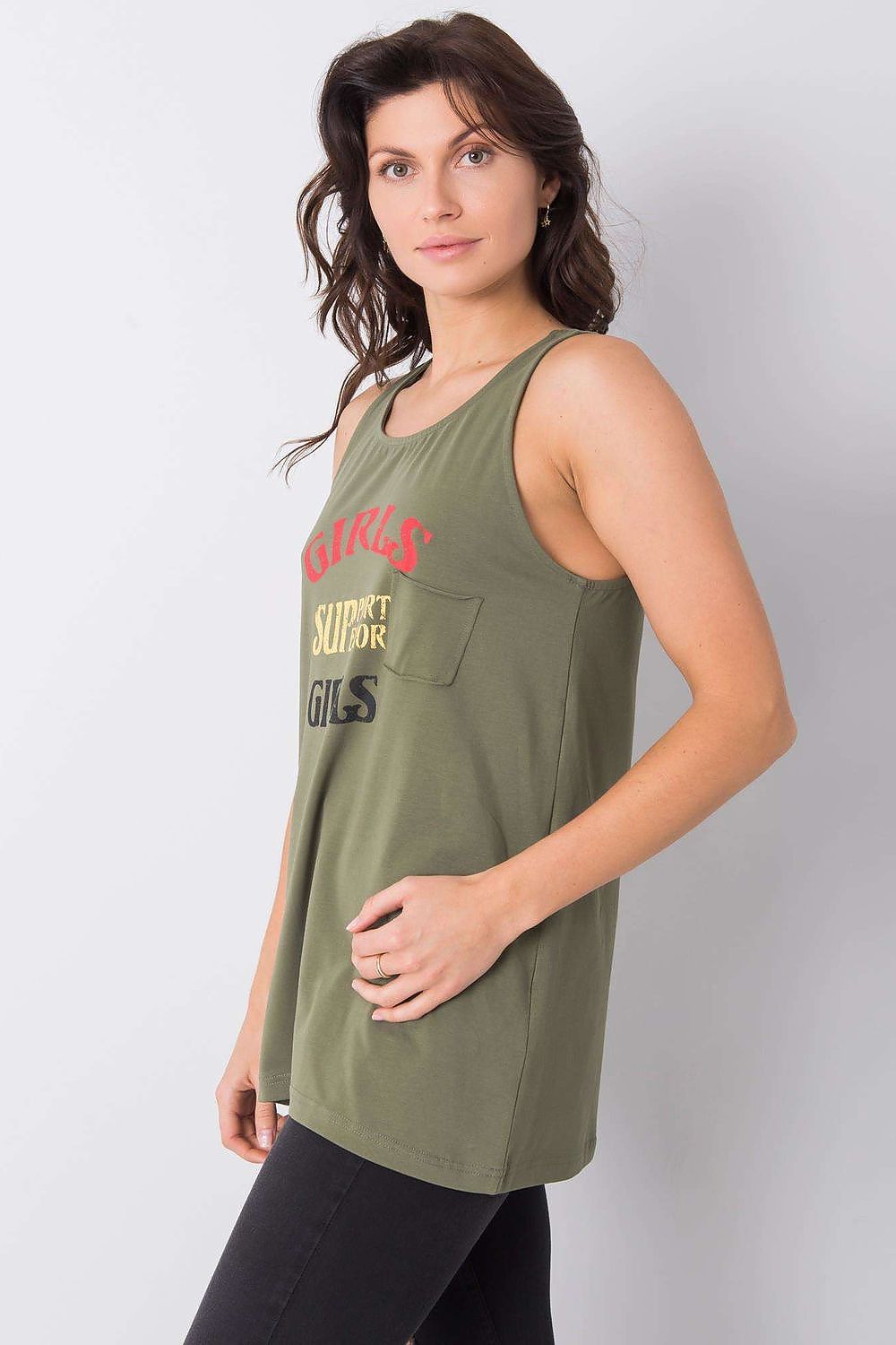Luxury Sleeveless Extended Cut T-Shirt with Decorative Inscription - Cotton 95% Lycra 5%. Model posing in the olive green T-shirt displaying the decorative inscription, showcasing a modern and stylish look perfect for casual outings.