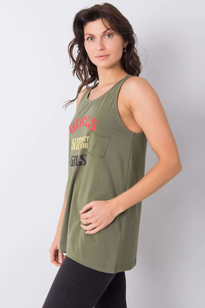 Luxury Sleeveless Extended Cut T-Shirt with Decorative Inscription - Cotton 95% Lycra 5%. Model posing in the olive green T-shirt displaying the decorative inscription, showcasing a modern and stylish look perfect for casual outings.
