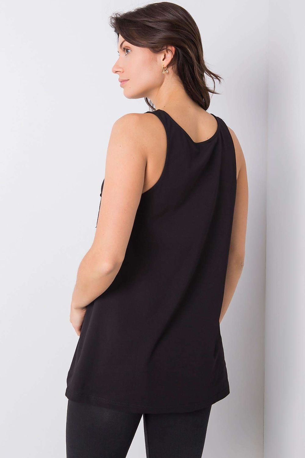 Back view of the Luxury Sleeveless Extended Cut T-Shirt with Decorative Inscription, emphasizing the elegant design of the black tank top worn by a model.
