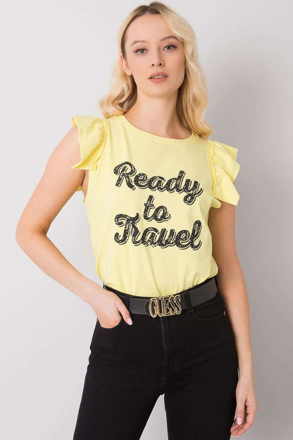 Elegant Short Sleeve Frill Blouse with Decorative Inscription in yellow, featuring a stylish round neckline and frill sleeves, perfect for chic summer attire.