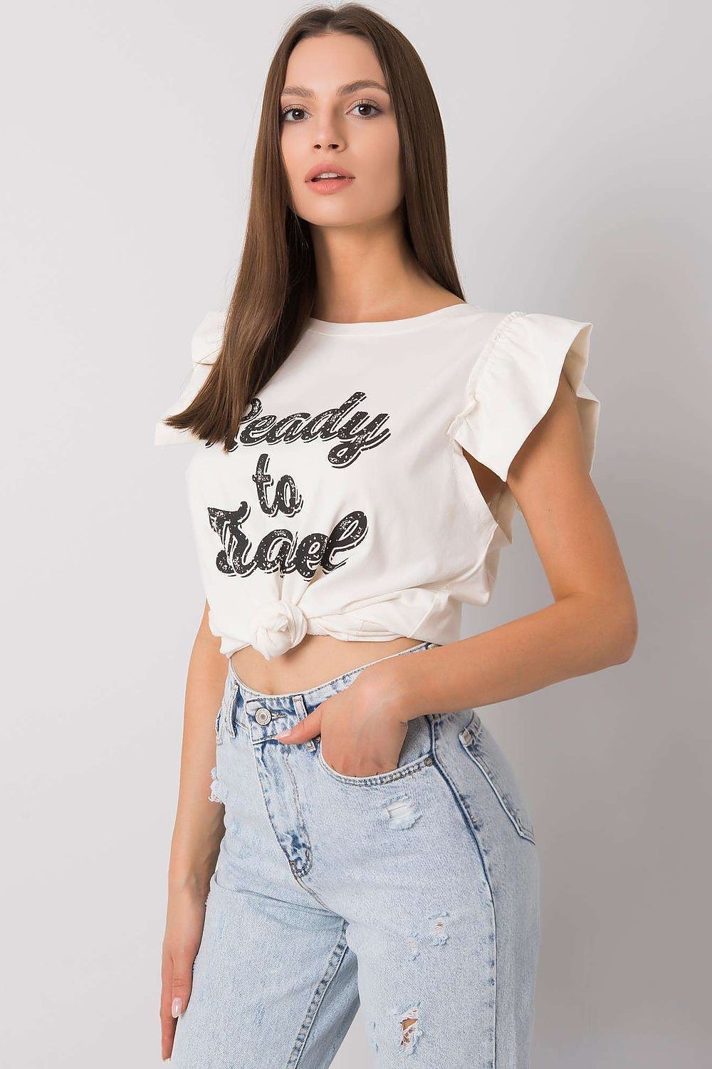 Elegant Short Sleeve Frill Blouse with Decorative Inscription - Cotton and Lycra Blend, showcased by a model wearing a chic outfit with distressed jeans, featuring a round neckline and frill sleeves in a stylish casual setting.