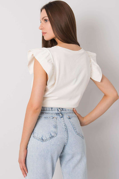 Elegant Short Sleeve Frill Blouse with Decorative Inscription - Cotton and Lycra Blend, displayed from the back, highlighting the delicate frill details on the sleeves and the tailored fit, perfect for modern elegance.