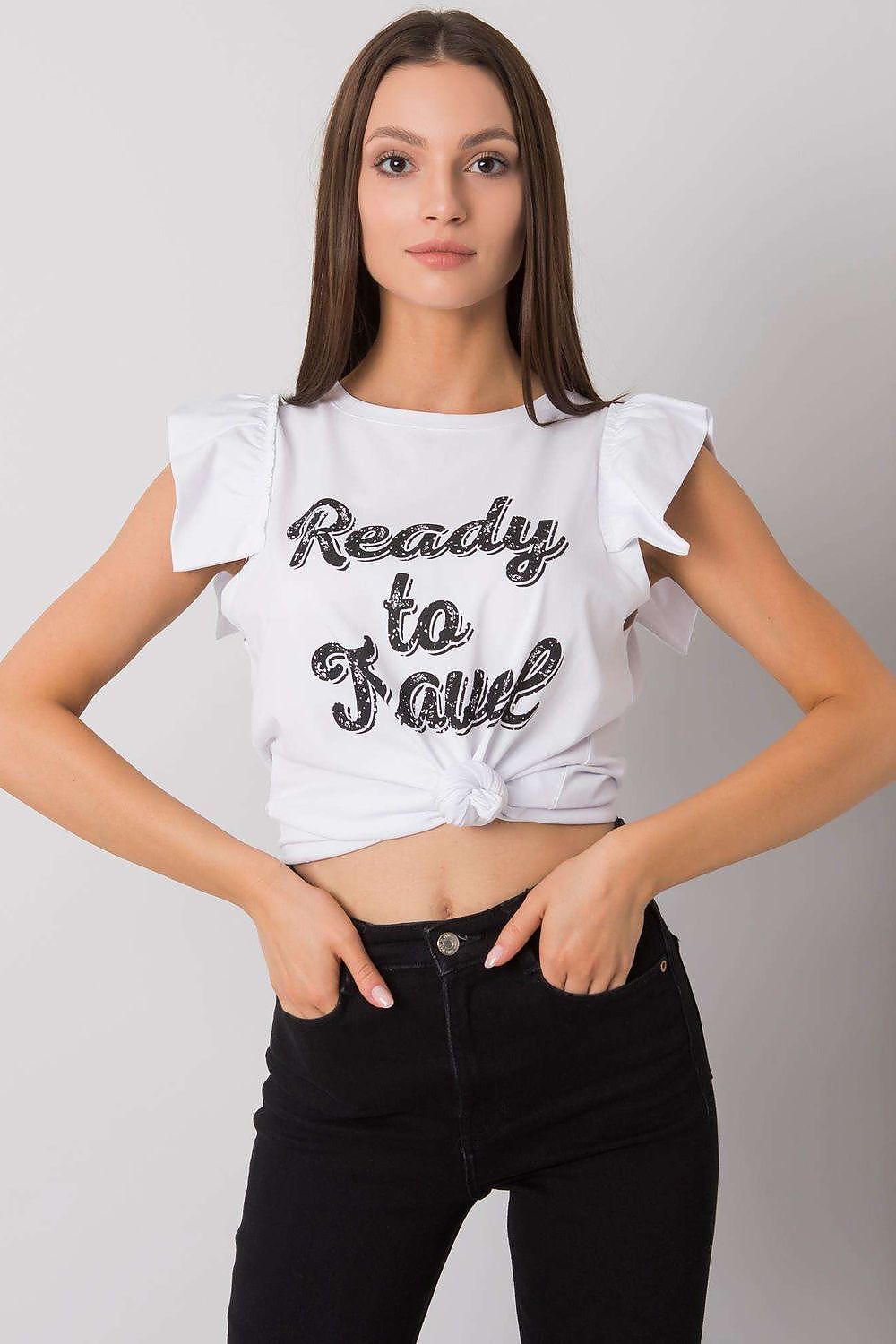 Elegant Short Sleeve Frill Blouse with Decorative Inscription - Cotton and Lycra Blend, presented by a model in a fashionable pose wearing black jeans, featuring a stylish round neckline and decorative text that complements the luxe aesthetic.