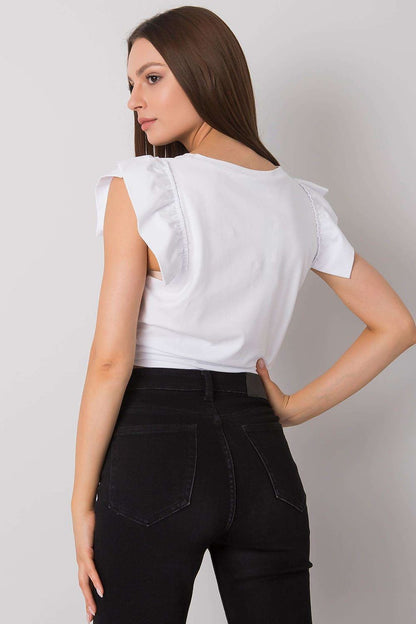Elegant Short Sleeve Frill Blouse with Decorative Inscription - Cotton and Lycra Blend, shown from the back on a model wearing chic black jeans, emphasising the elegant design and luxurious fabric texture.