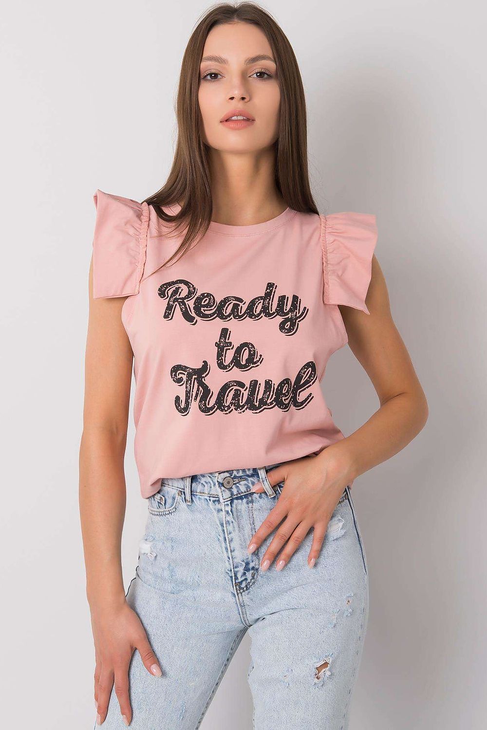 Elegant Short Sleeve Frill Blouse with Decorative Inscription - Cotton and Lycra Blend. Front view of a model wearing the blouse with 'Ready to Travel' inscription, styled elegantly in a light pink tone.