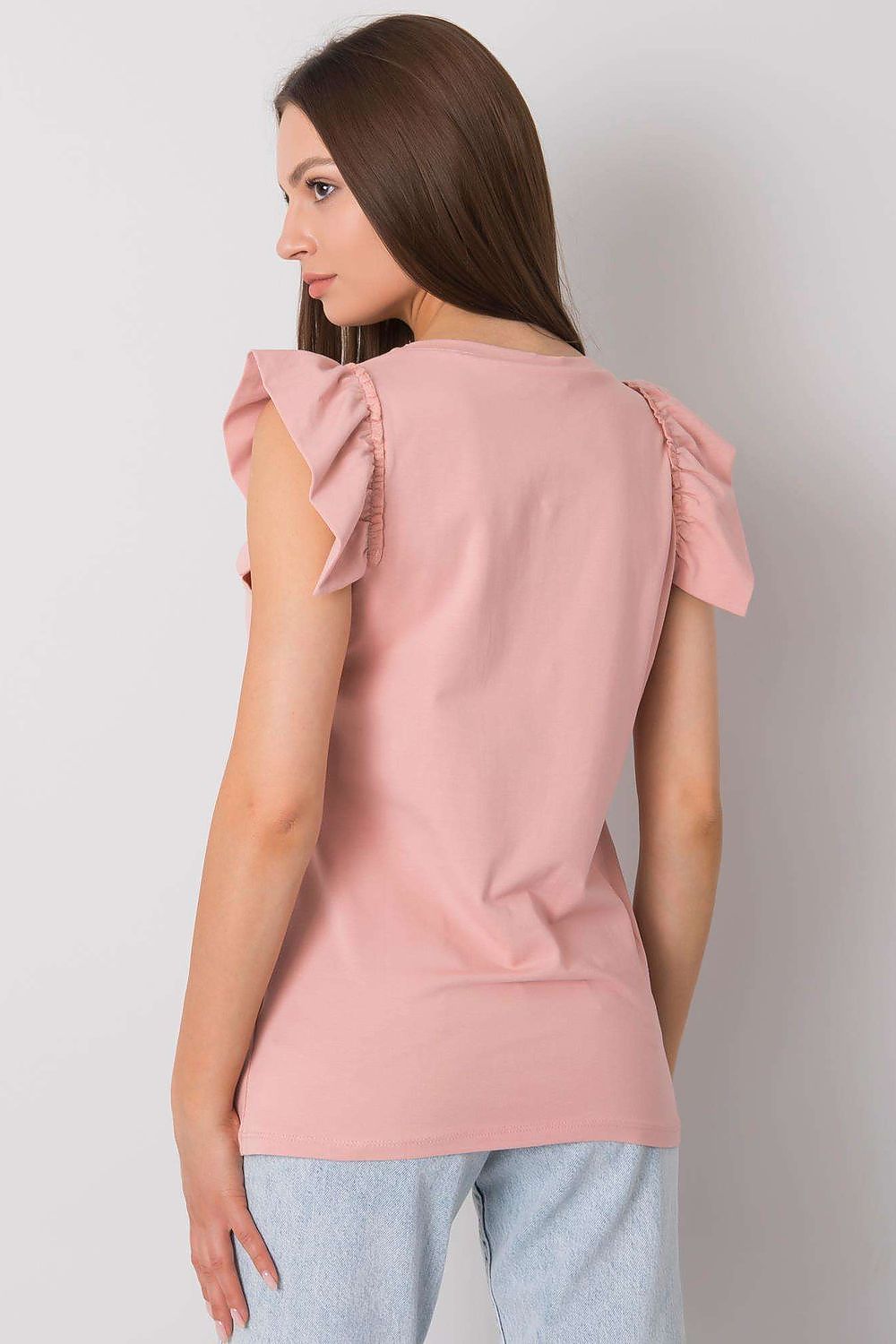 Elegant Short Sleeve Frill Blouse with Decorative Inscription - Cotton and Lycra Blend. Close-up of model wearing a similar blouse, showcasing the fashionable frill sleeves and decorative wording.