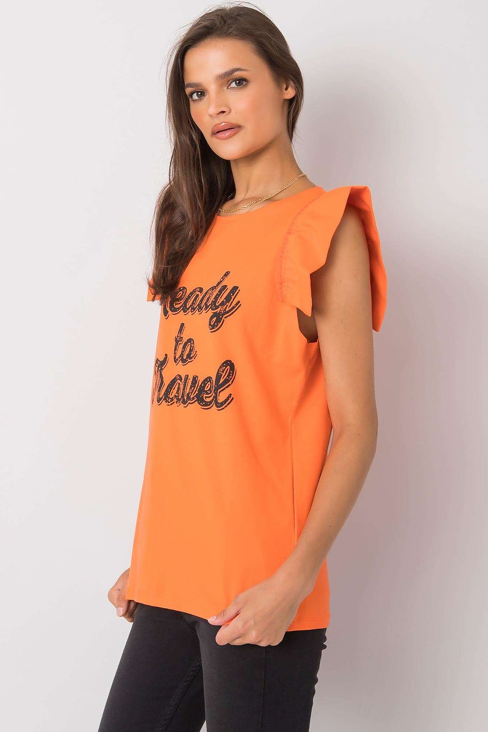 Elegant Short Sleeve Frill Blouse with Decorative Inscription - Cotton and Lycra Blend, featuring a vibrant orange hue and stylish frill sleeves, epitomising luxury fashion for modern women.