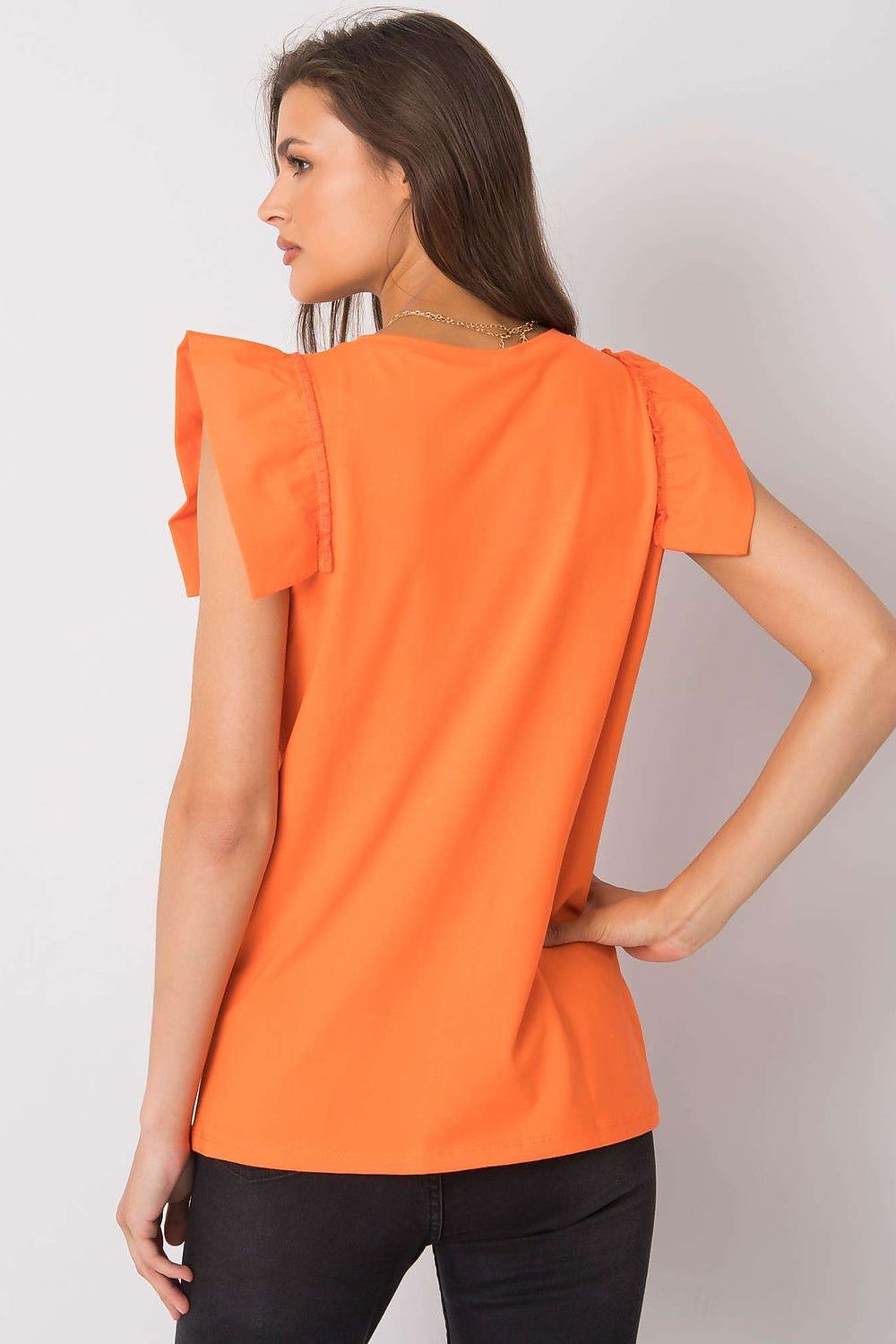 Elegant Short Sleeve Frill Blouse with Decorative Inscription - Cotton and Lycra Blend, showcased from the back view in a stunning orange colour, perfect for a chic casual outing.
