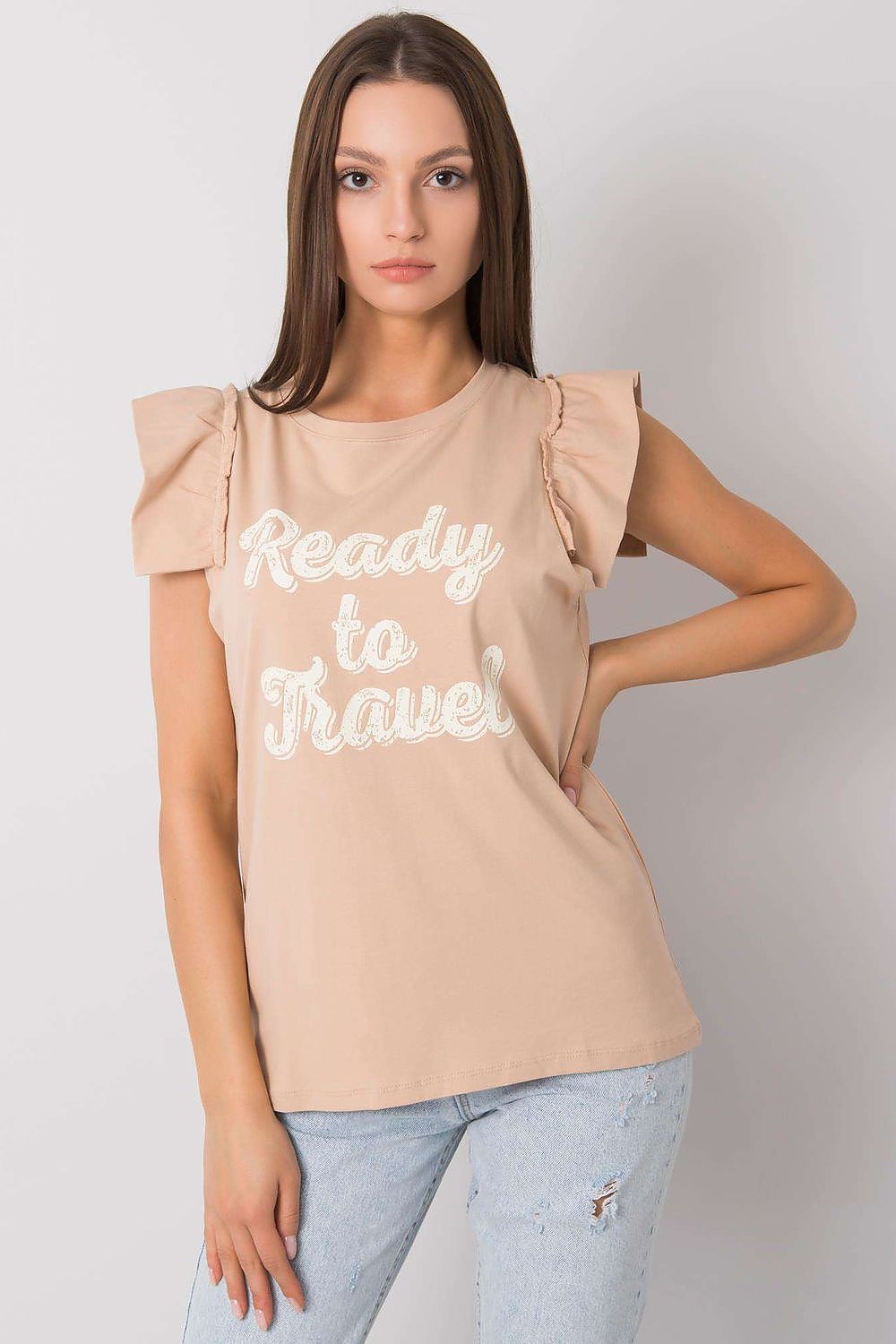 Elegant Short Sleeve Frill Blouse with Decorative Inscription - Cotton and Lycra Blend, presented in a classic beige tone with decorative text, combining elegance and comfort seamlessly.