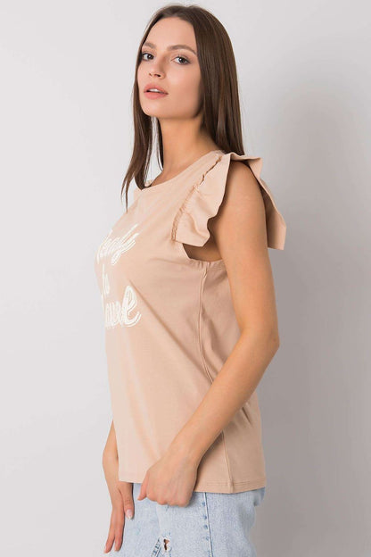Elegant Short Sleeve Frill Blouse with Decorative Inscription - Cotton and Lycra Blend, side view highlighting the stylish frills in a delightful beige shade, ideal for sophisticated styling.