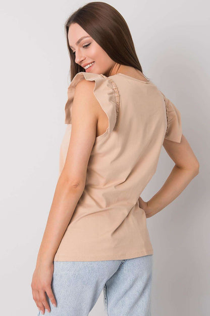 Elegant Short Sleeve Frill Blouse with Decorative Inscription - Cotton and Lycra Blend, back view capturing the grace of frill detailing in a chic beige, a perfect addition to any wardrobe.
