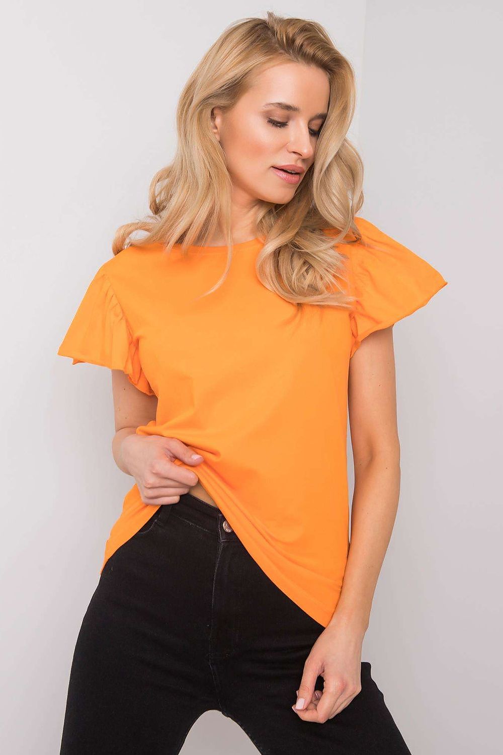 Elegant Cotton And Lycra Frill Sleeve Blouse With Round Neckline – Perfect For Any Occasion, worn by a model with long blonde hair styled elegantly, showcasing the vibrant orange colour and frill sleeve design.