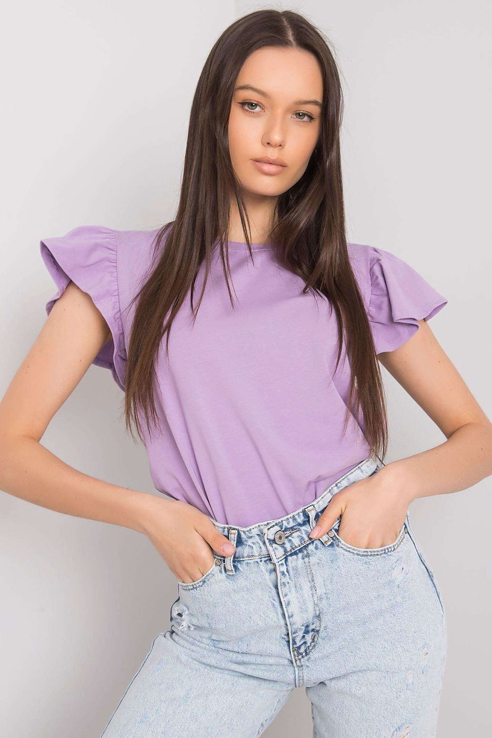 Elegant Frill Sleeve Blouse with Round Neckline in lavender, crafted from 95% cotton and 5% lycra, showcasing a model wearing it styled with high-waisted denim shorts.