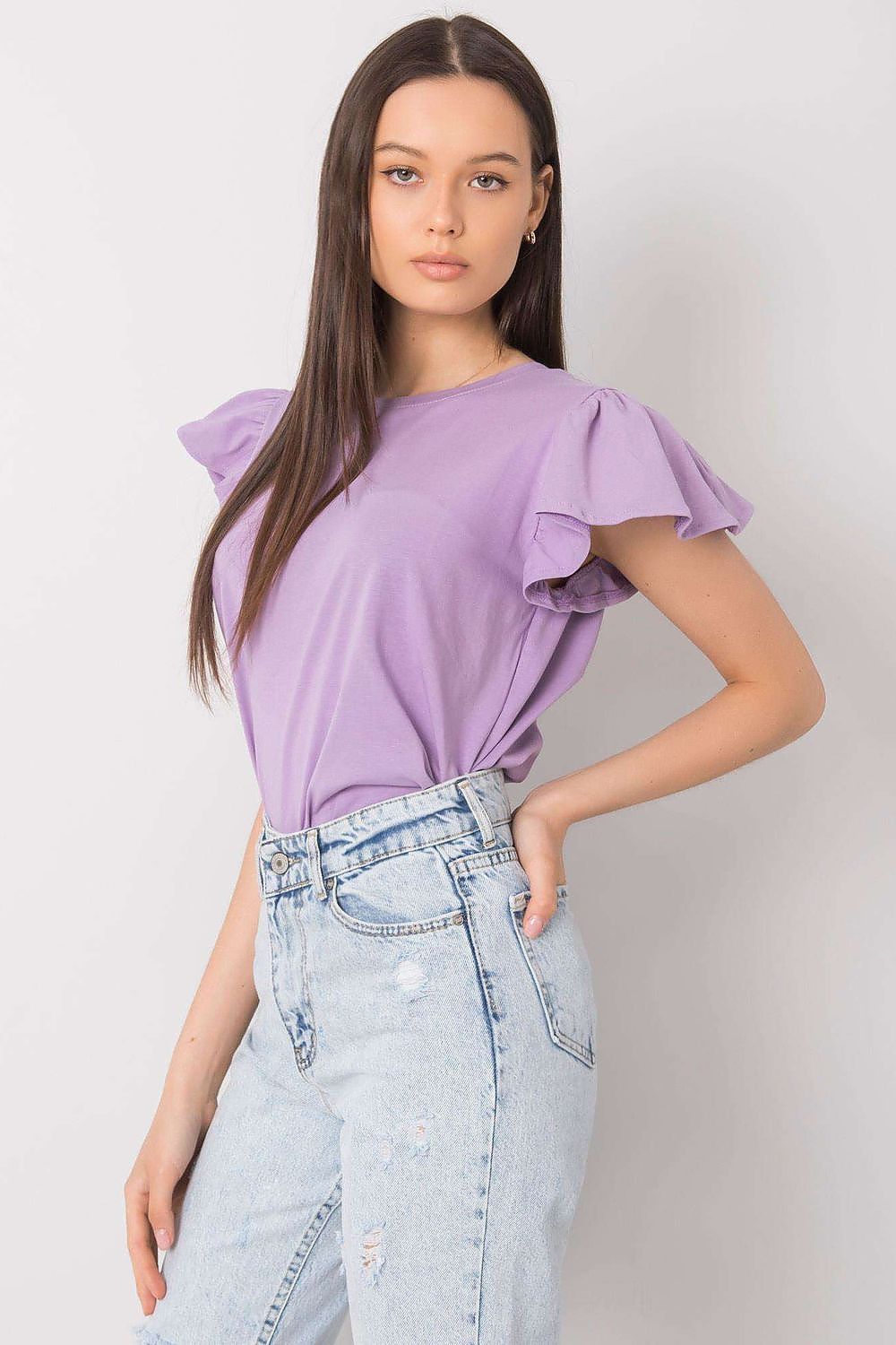 Elegant Frill Sleeve Blouse with Round Neckline in a luxurious lavender colour, featuring delicate frill sleeves, modelled with high-waisted jeans to enhance the elegant design.
