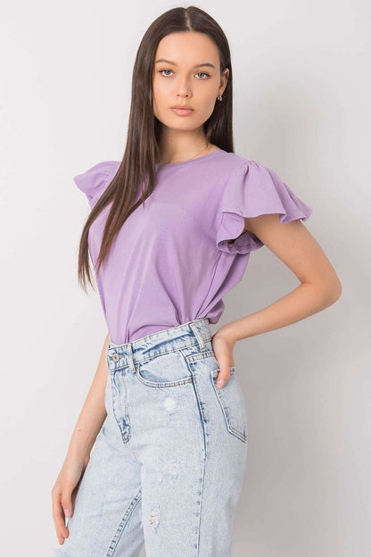 Elegant Frill Sleeve Blouse with Round Neckline in a luxurious lavender colour, featuring delicate frill sleeves, modelled with high-waisted jeans to enhance the elegant design.