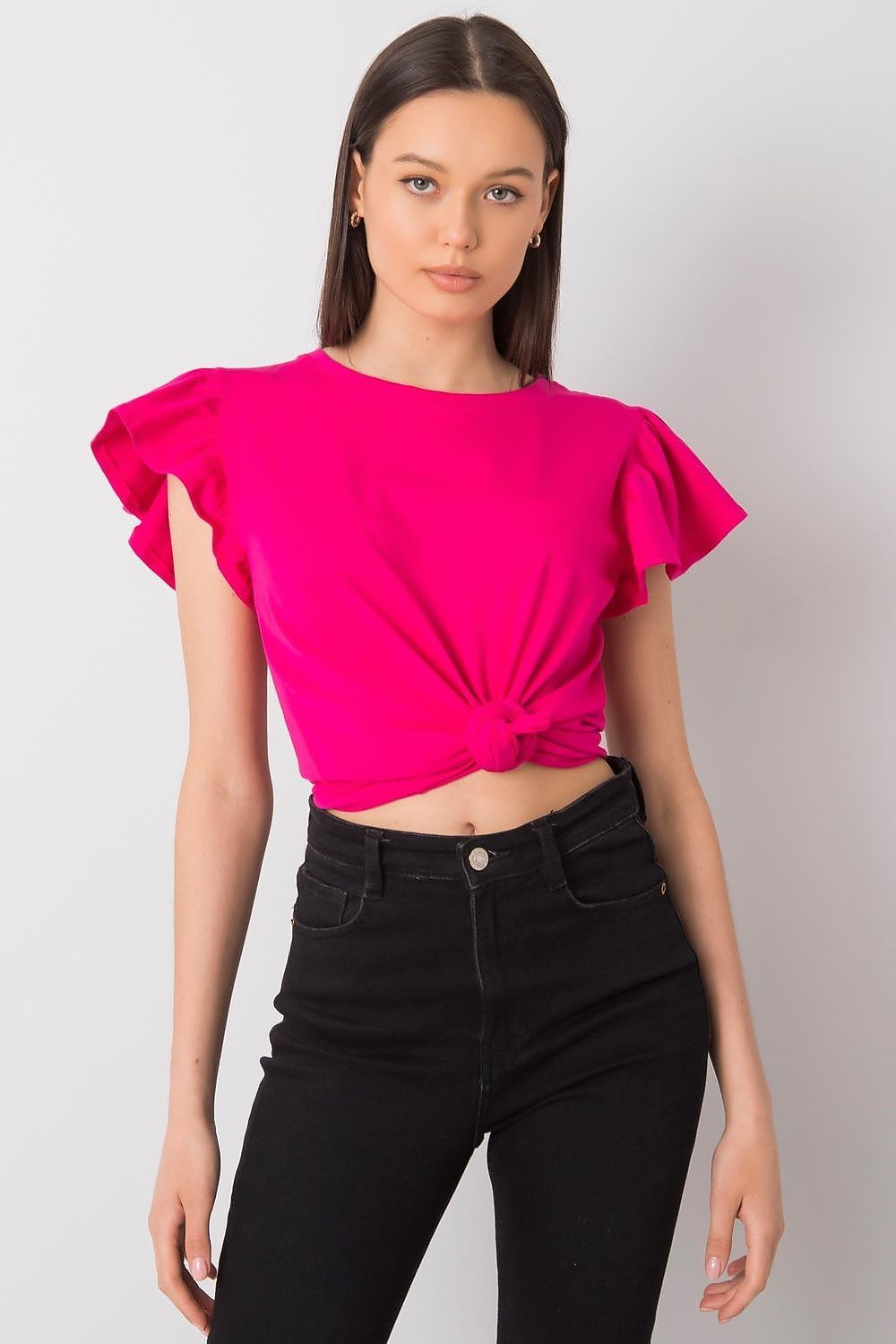 Elegant Frill Sleeve Blouse with Round Neckline showcased in bright pink, featuring a knotted front detail. Crafted from a luxurious blend of 95% cotton and 5% lycra, perfect for any occasion.