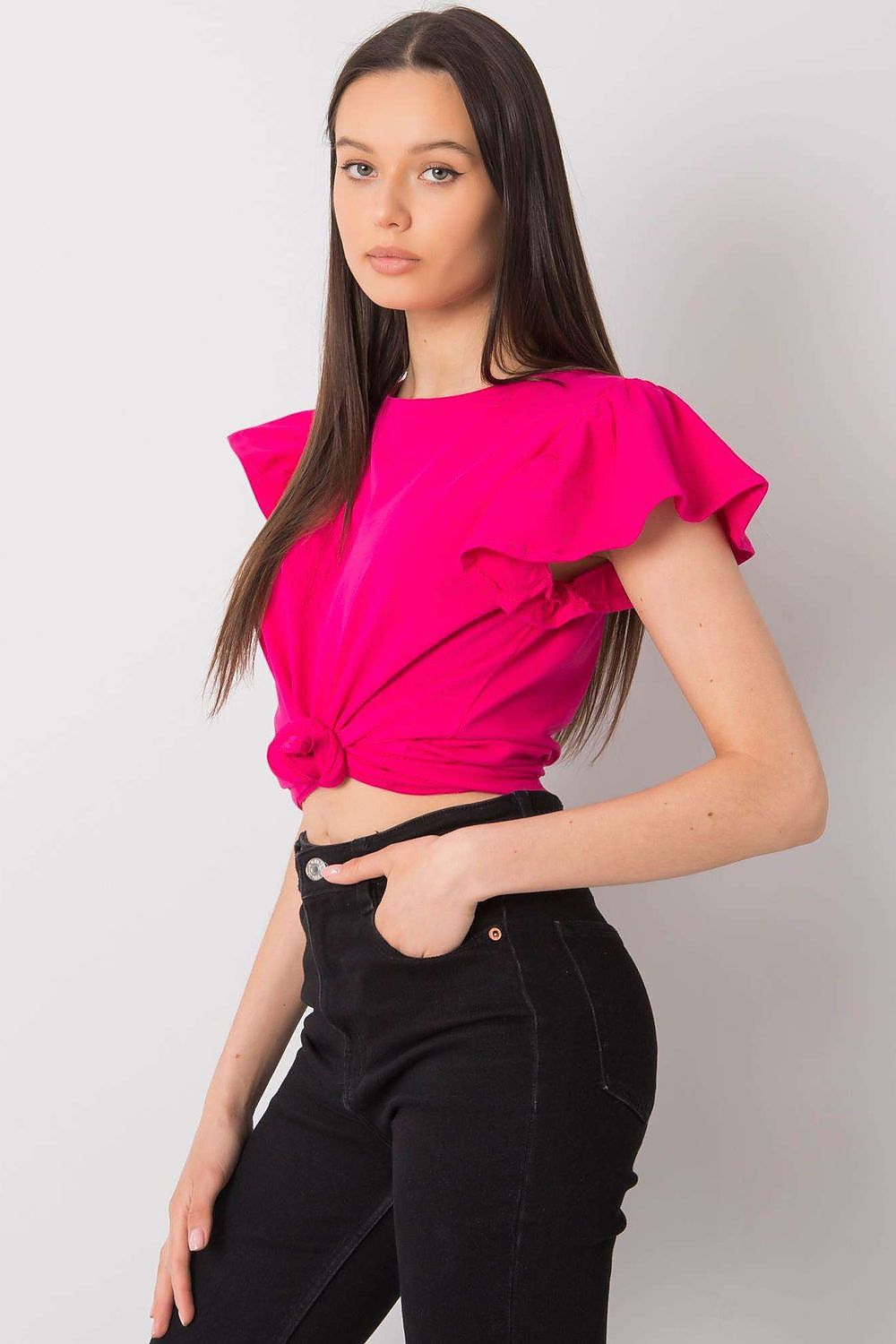 Elegant Frill Sleeve Blouse with Round Neckline in vivid pink, featuring a stylish knot at the waist. This chic blouse is made from a premium cotton-lycra blend, ideal for versatile styling on any occasion.