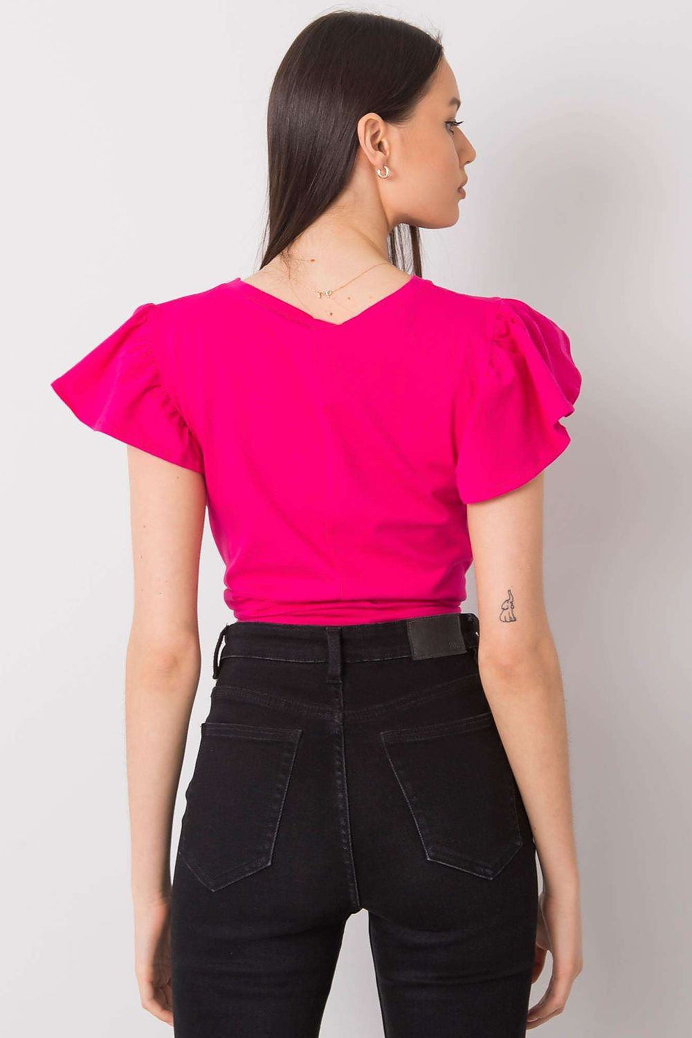 Back view of the Elegant Frill Sleeve Blouse with Round Neckline in stunning pink, displaying its elegant frill sleeve design and comfortable fit. Made from high-quality cotton and lycra for an exquisite look.
