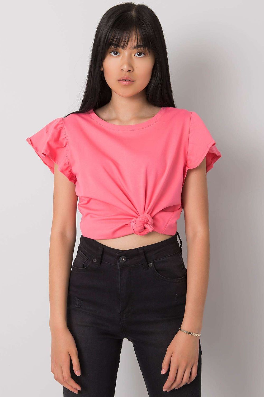 Close-up of the Elegant Frill Sleeve Blouse with Round Neckline in soft pink, showcasing its elegant design with frilled sleeves and a knotted detail. Perfectly made from a blend of 95% cotton and 5% lycra for versatility and comfort.