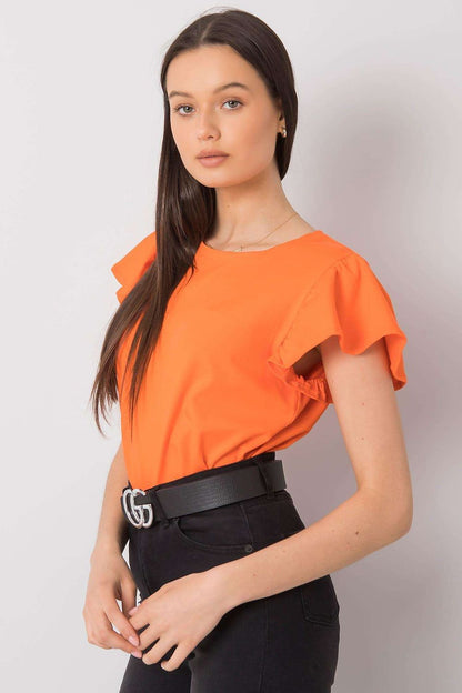 Elegant Frill Sleeve Blouse with Round Neckline in bold orange, featuring a model confidently standing in stylish black pants.