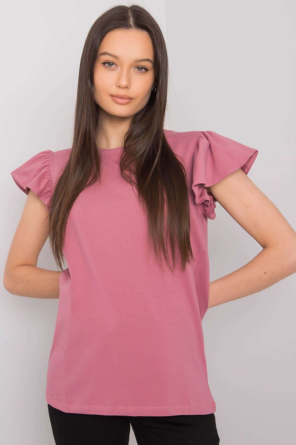 Elegant Frill Sleeve Blouse with Round Neckline in soft pink, model poses gracefully showcasing luxurious cotton fabric and refined style.
