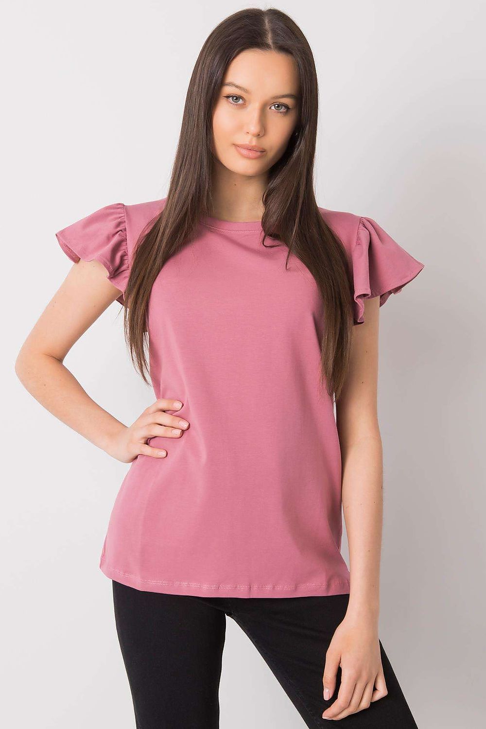 Elegant Frill Sleeve Blouse with Round Neckline in soft pink, showcasing frill short sleeves, perfect for any occasion.