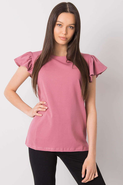 Elegant Frill Sleeve Blouse with Round Neckline in soft pink, showcasing frill short sleeves, perfect for any occasion.