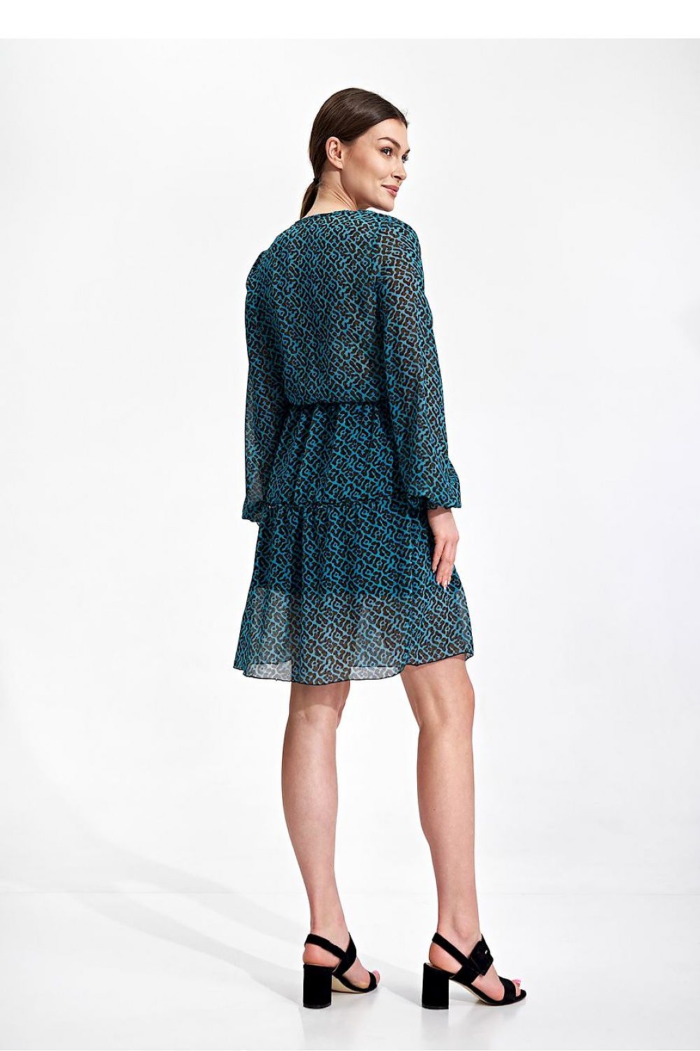 Back view of the Elegant Figl Summer Mini Dress with Long Sleeves, Ruffle Hem, and Waist Detail, showcasing the distinctive pattern and flowing silhouette. Ideal for stylish summer outings.