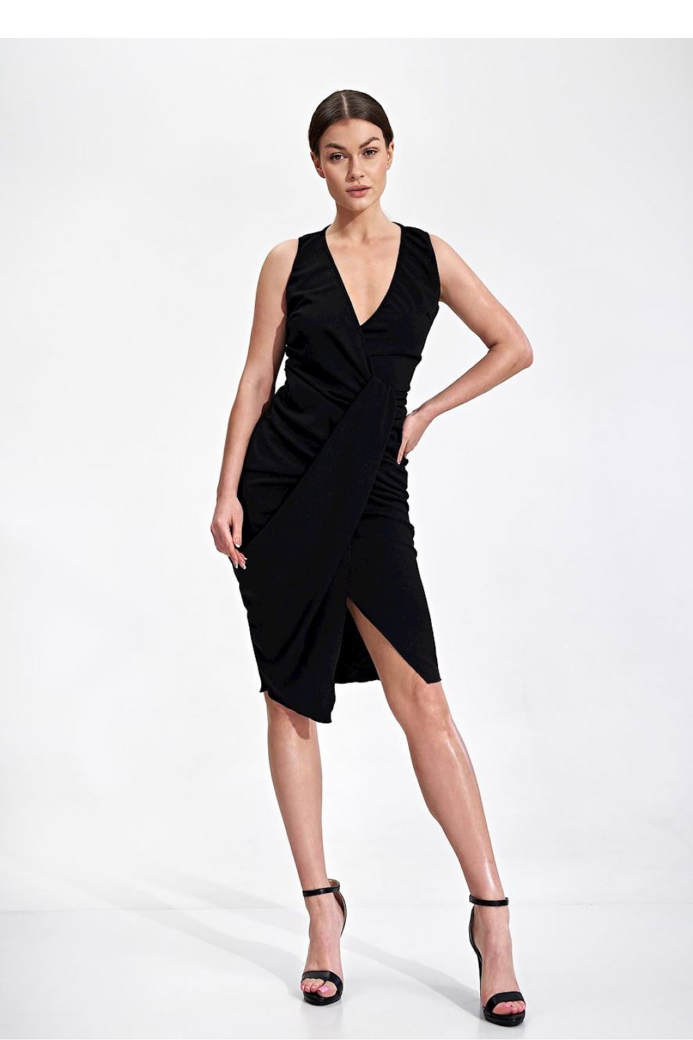 Elegant Figl Cocktail Midi Dress with Envelope Neckline and Decorative Draping, Sleeveless – front view displaying the sophisticated and stylish wrap design in classic black.