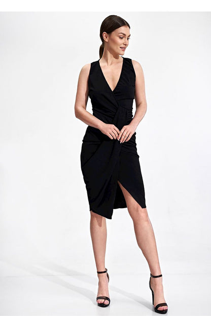 Elegant Figl Cocktail Midi Dress with Envelope Neckline and Decorative Draping, Sleeveless – alternative front view highlighting the luxurious drape and figure-flattering fit.