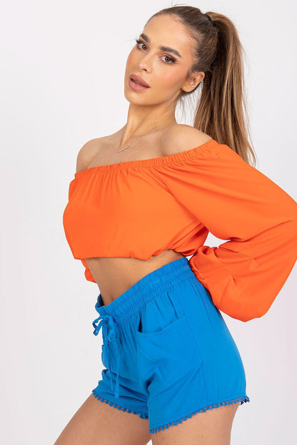 Luxury Women's Viscose Shorts with Elastic Waist and Pockets - Fresh Made Essentials, seamless blend of a flamboyant orange top with blue shorts, creating a chic summer outfit.