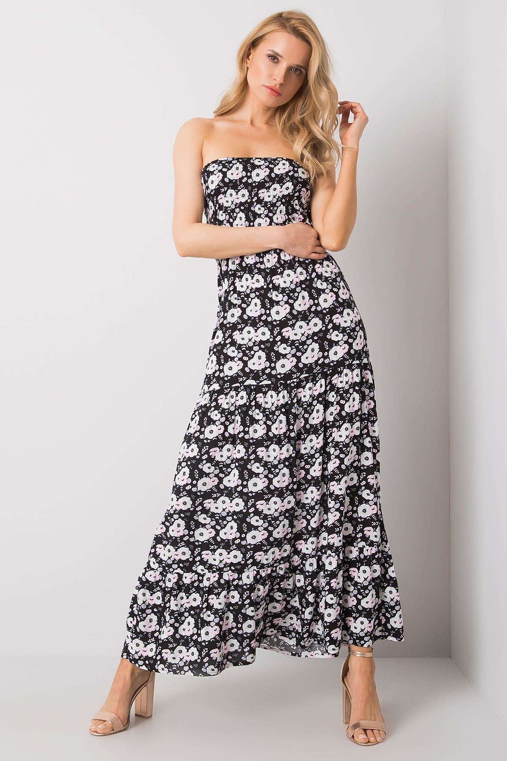 Elegant Strapless Long Summer Dress with Ruffle Hem – 100% Viscose by Fresh Made, featuring a feminine floral pattern, perfect for luxurious summer occasions.
