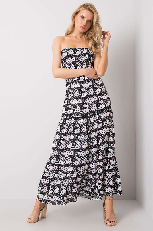 Elegant Strapless Long Summer Dress with Ruffle Hem – 100% Viscose by Fresh Made, featuring a feminine floral pattern, perfect for luxurious summer occasions.