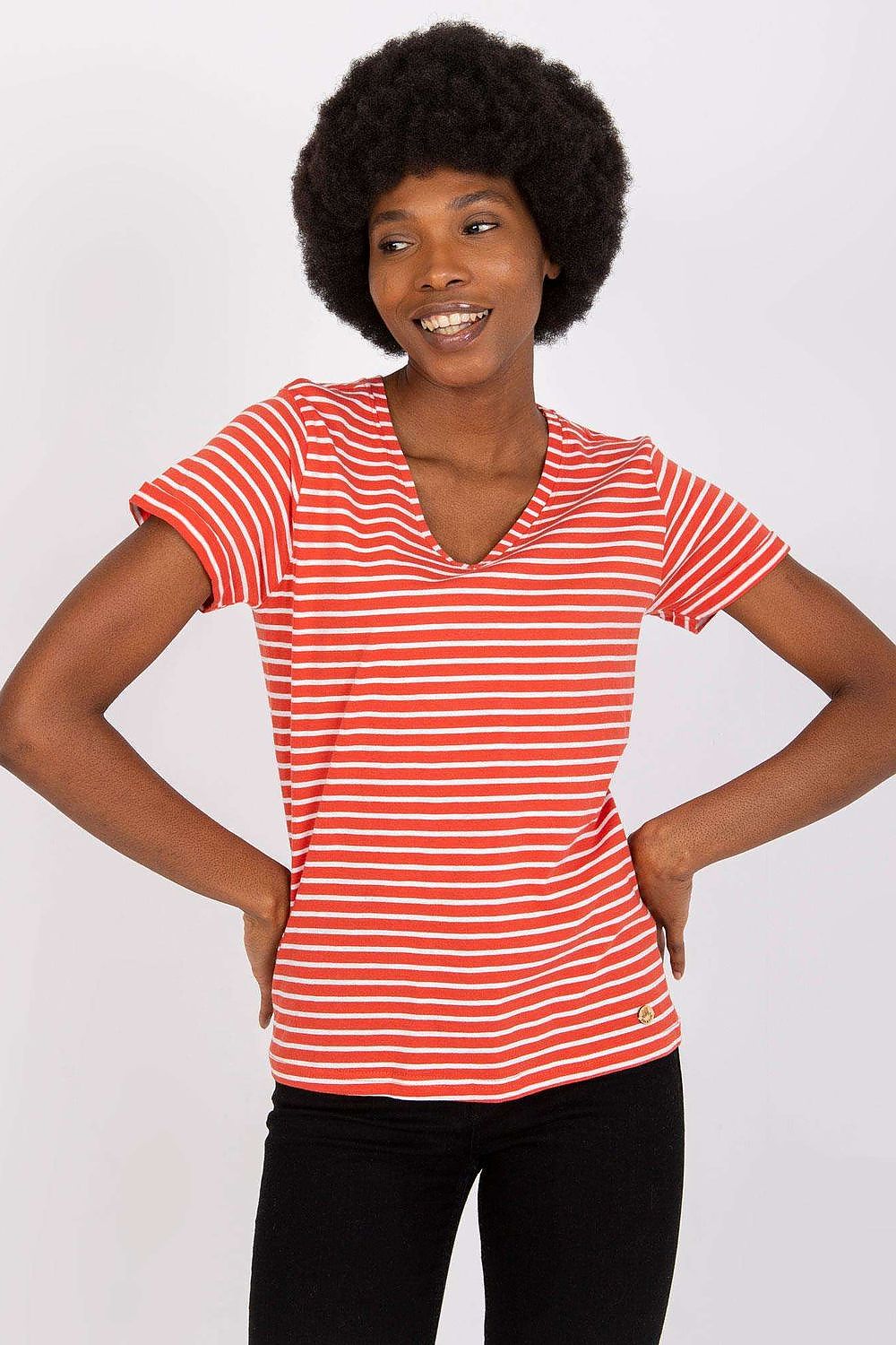 Elegant Stitch&Soul Striped Cotton T-Shirt with Heart Neckline, featuring a stylish model showcasing its chic short sleeves and vibrant red stripes.
