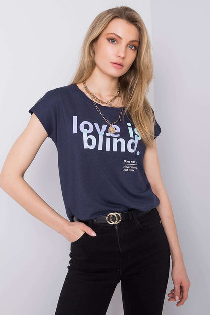 Luxurious Stitch&Soul Women's Short Sleeve T-Shirt with Decorative Inscription, featuring a fashionable design that reads 'love is blind' in soft pastel shades against a navy background.