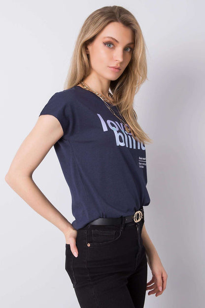 Luxurious Stitch&Soul Women's Short Sleeve T-Shirt with Decorative Inscription, modelled elegantly with layered necklaces, accentuating its trendy and refined look.