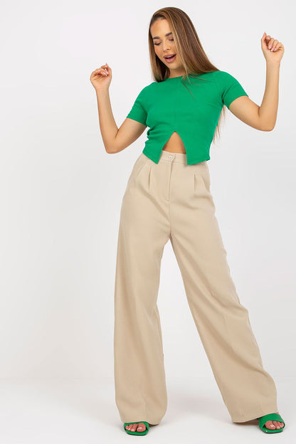Luxury High-Waisted Women's Trousers with Zipper Closure and Side Pockets by Xsapienza, paired perfectly with a vibrant green top, presenting a luxurious and trendy ensemble.