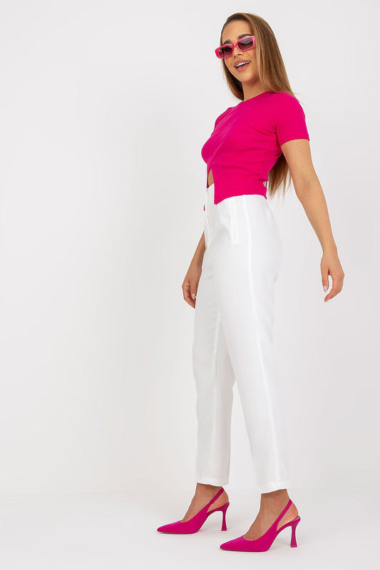 Side view of Xsapienza Women’s High-Waisted Straight Cut Trousers with Imitation Pockets, paired with a chic pink top for an elegant ensemble.