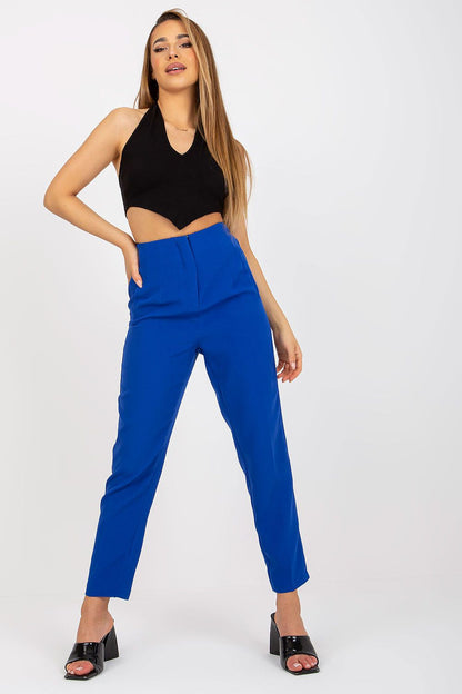 Fashion-forward model in Xsapienza Women’s High-Waisted Straight Cut Trousers, highlighted in striking blue, perfectly combined with a sophisticated black crop top.
