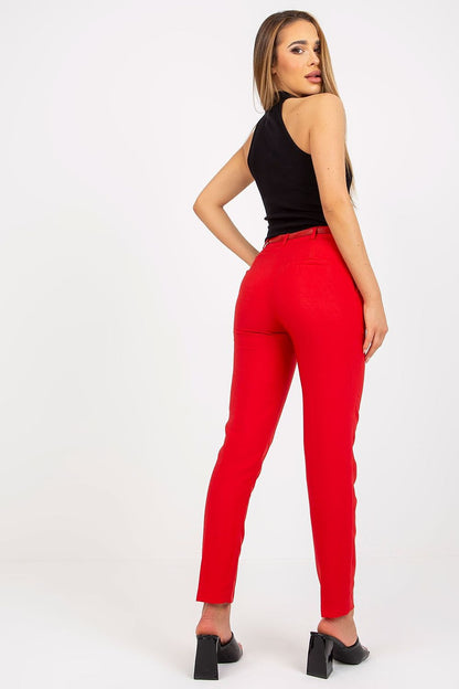 Luxury Women's High-Waisted Tapered Trousers with Pockets by Xsapienza, highlighting a model's back view in a black top and chic red tapered trousers.
