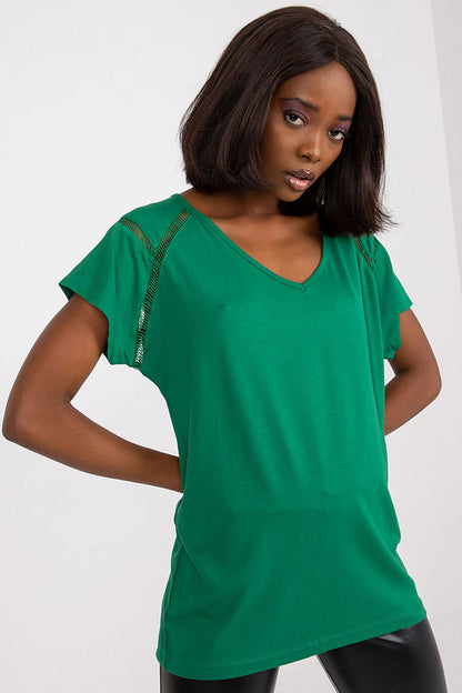 Elegant Short Sleeve Blouse with Heart Neckline displayed on a model, emphasising the stylish v-neckline and vibrant green colour suitable for sophisticated outfits.