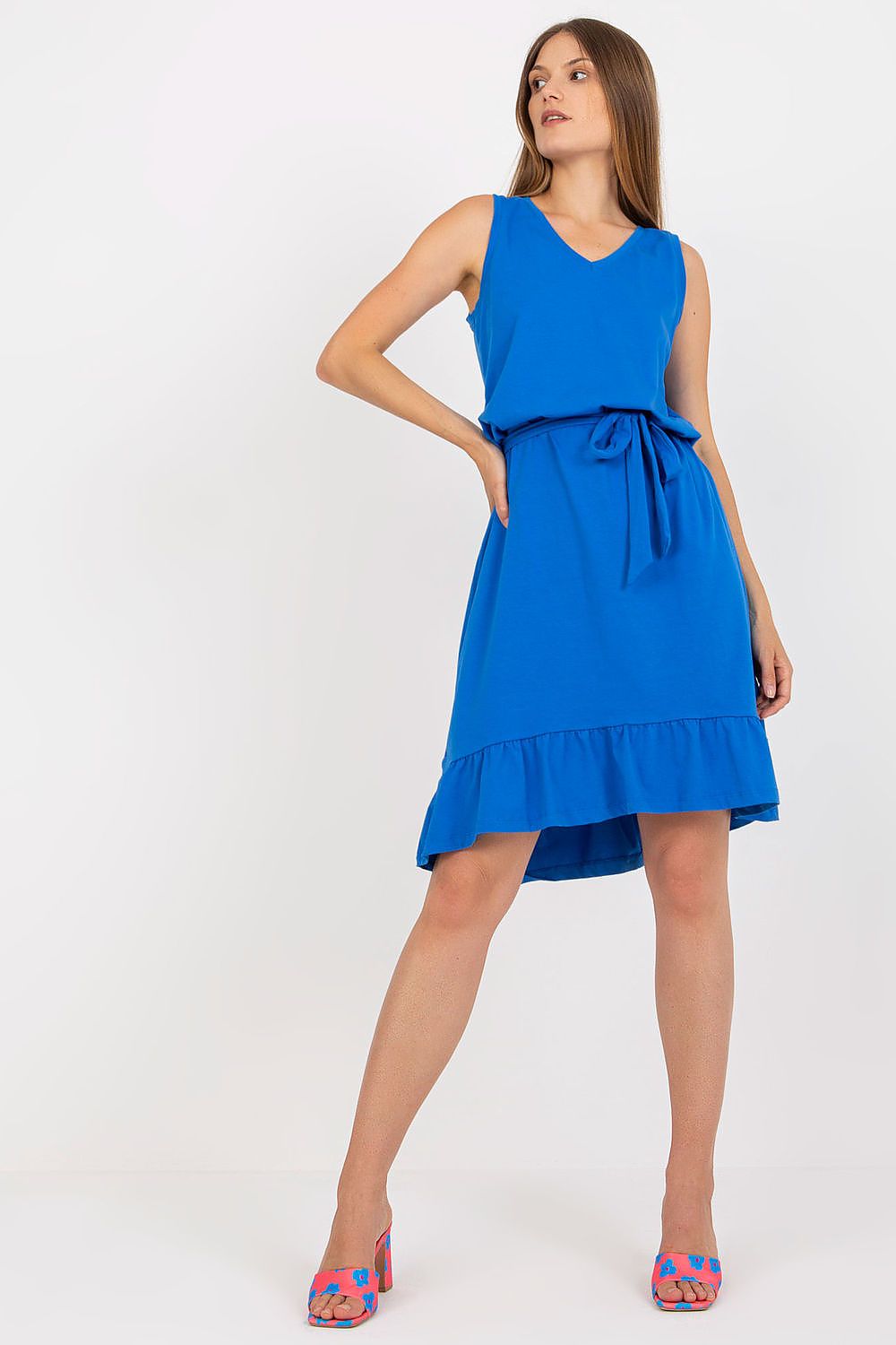 Elegant Asymmetrical Flared Summer Dress with Ruffle & Sweetheart Neckline by Rue Paris, displayed on a model in vibrant blue, featuring a sleeveless design and a stylish waist tie.