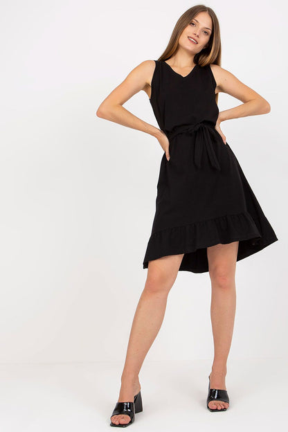 Elegant Asymmetrical Flared Summer Dress with Ruffle & Sweetheart Neckline by Rue Paris, elegantly displayed on a model wearing a classic black version, showcasing the flattering silhouette and ruffled accents.