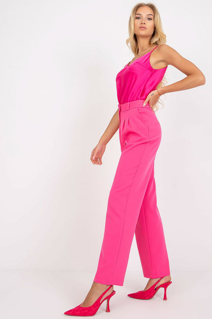 Luxurious Wide Leg Women’s Trousers by Rue Paris - Stylish Fabric Pants with Pockets. A side view of a model donning bright pink trousers paired with a matching satin top, exuding sophistication.