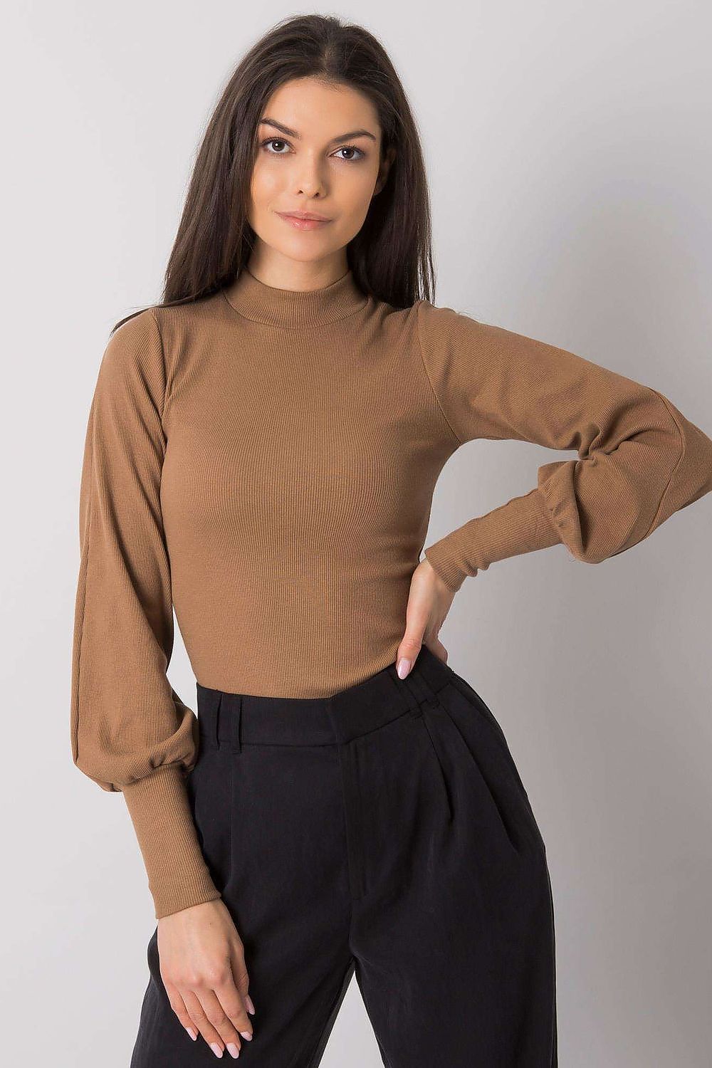Elegant Long Sleeve Ribbed Blouse by Rue Paris in rich brown, paired with chic black high-waisted trousers, demonstrating the luxury of cotton and spandex materials.