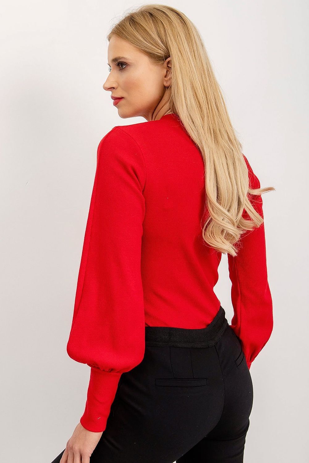 Back view of Elegant Long Sleeve Ribbed Blouse by Rue Paris in red, emphasising its luxurious design and modern fit.